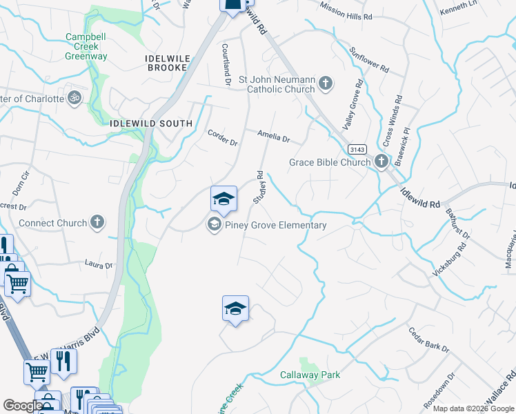 map of restaurants, bars, coffee shops, grocery stores, and more near 2728 Studley Road in Charlotte
