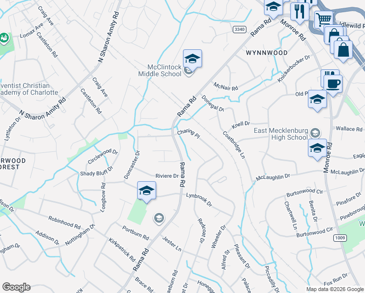 map of restaurants, bars, coffee shops, grocery stores, and more near 1548 Barberry Court in Charlotte