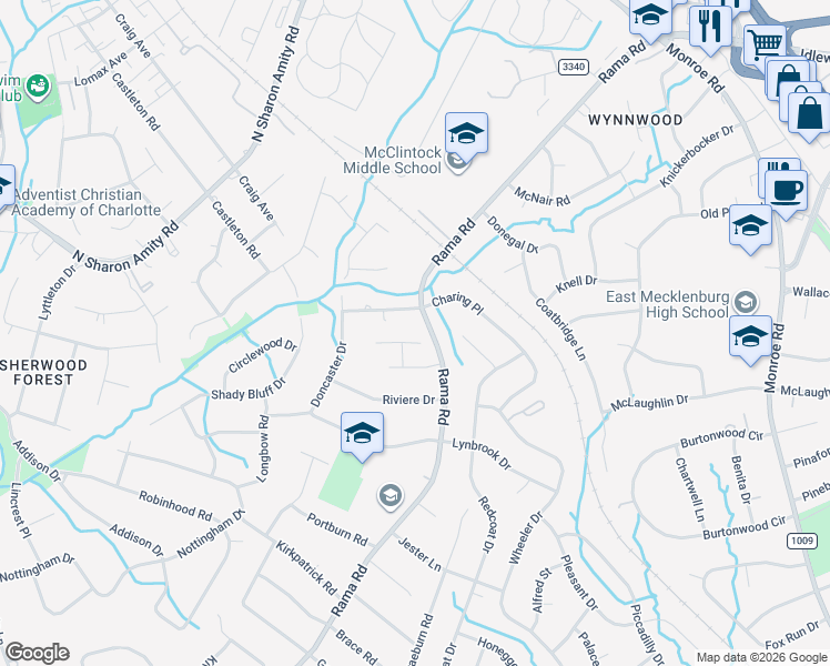 map of restaurants, bars, coffee shops, grocery stores, and more near 1525 Rama Road in Charlotte