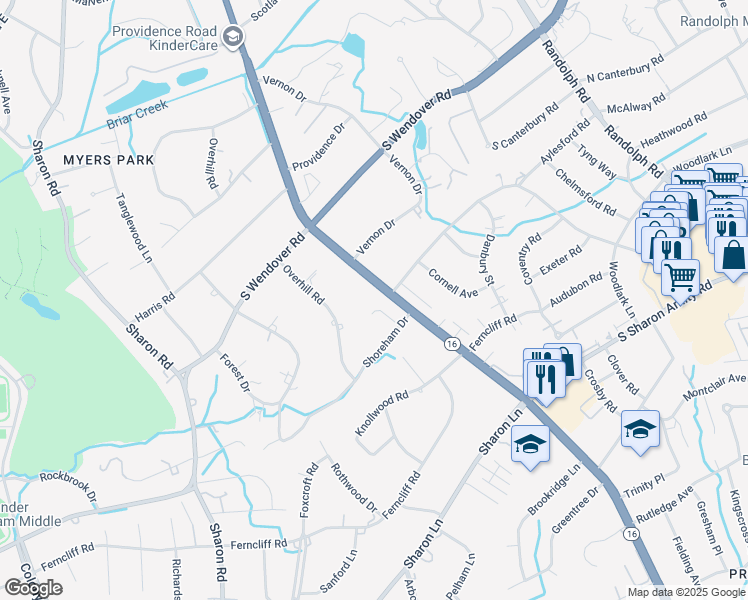 map of restaurants, bars, coffee shops, grocery stores, and more near 2336 Providence Road in Charlotte