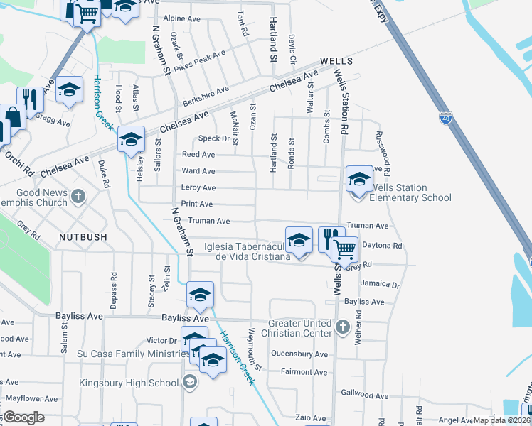 map of restaurants, bars, coffee shops, grocery stores, and more near 4151 Print Avenue in Memphis