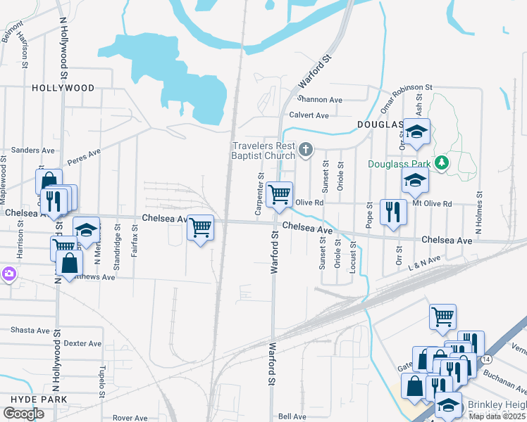 map of restaurants, bars, coffee shops, grocery stores, and more near 1553 Warford Street in Memphis