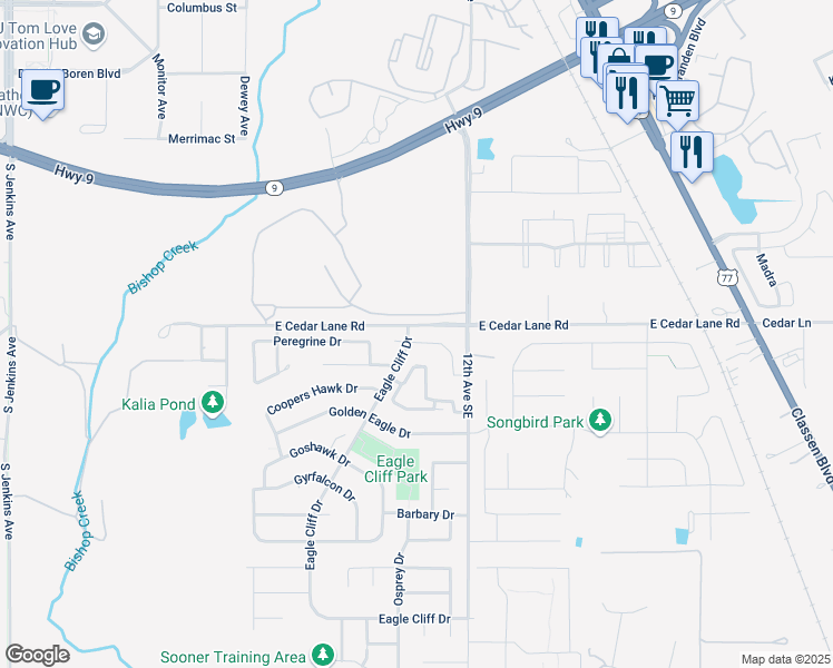map of restaurants, bars, coffee shops, grocery stores, and more near 1013 Merlin Drive in Norman