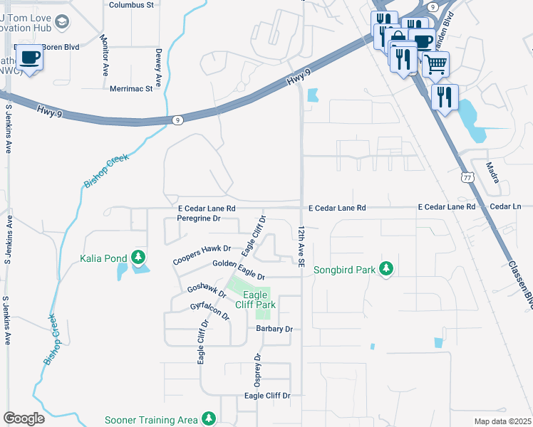 map of restaurants, bars, coffee shops, grocery stores, and more near 905 Merlin Circle in Norman