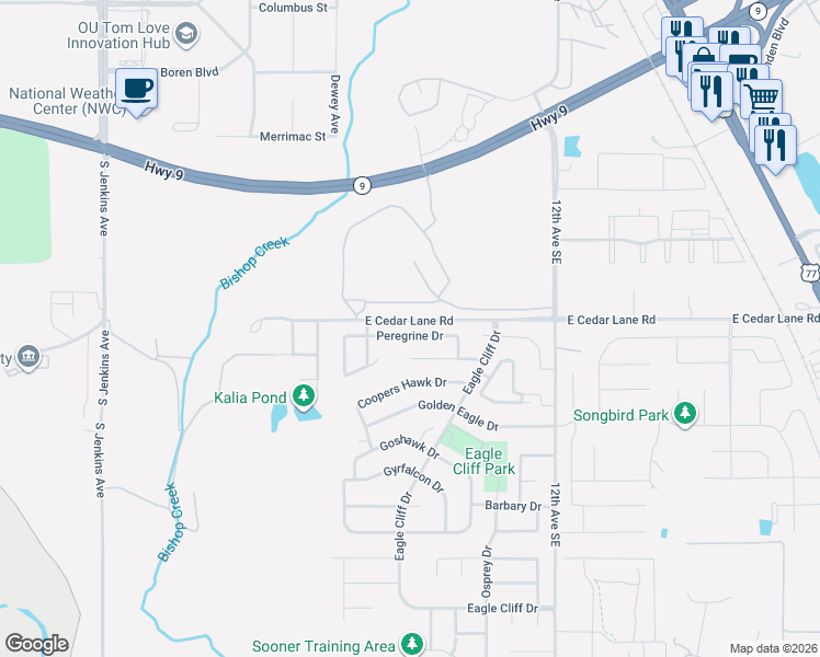 map of restaurants, bars, coffee shops, grocery stores, and more near 729 Peregrine Drive in Norman