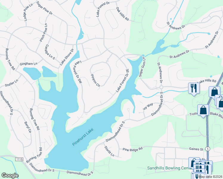map of restaurants, bars, coffee shops, grocery stores, and more near 665 Lake Forest Drive Southeast in Pinehurst