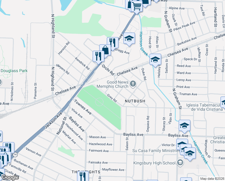 map of restaurants, bars, coffee shops, grocery stores, and more near 3732 Whittier Road in Memphis