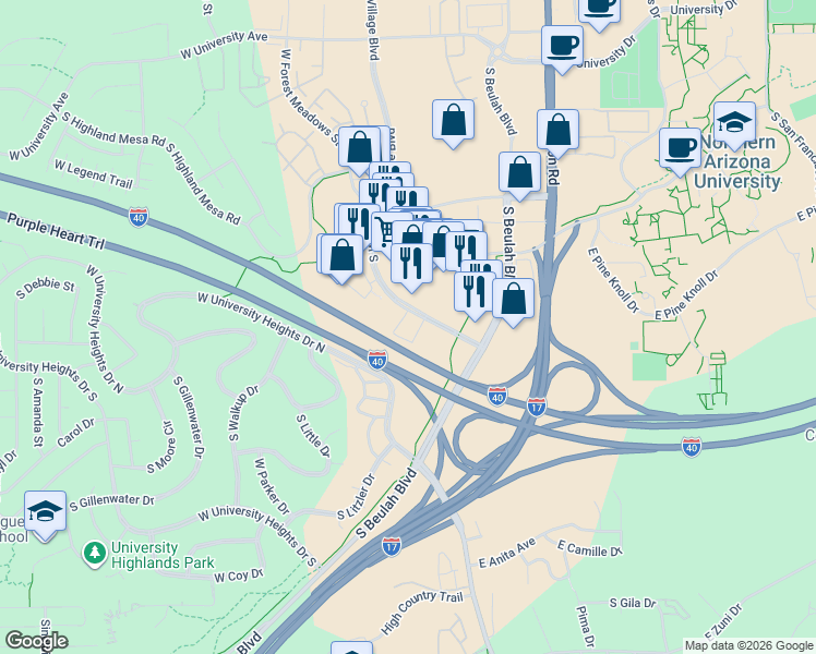 map of restaurants, bars, coffee shops, grocery stores, and more near 2735 South Woodlands Village Boulevard in Flagstaff
