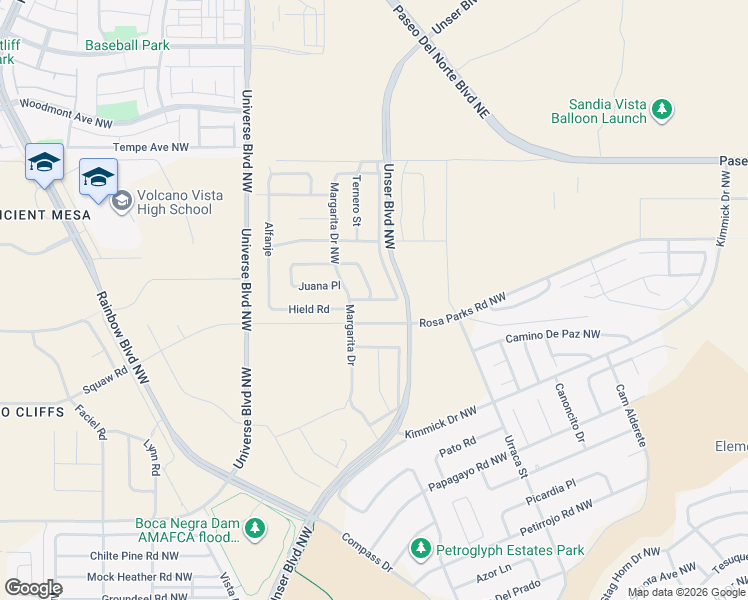 map of restaurants, bars, coffee shops, grocery stores, and more near Hielo Road in Albuquerque