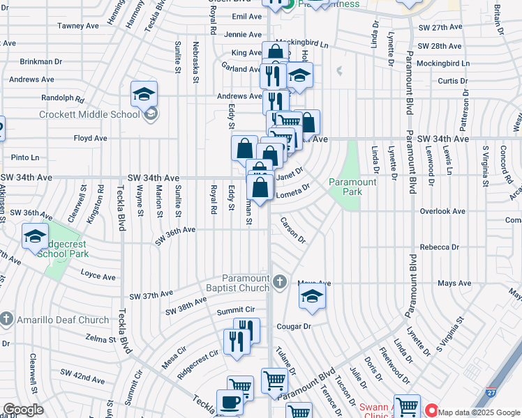 map of restaurants, bars, coffee shops, grocery stores, and more near 3426 South Western Street in Amarillo