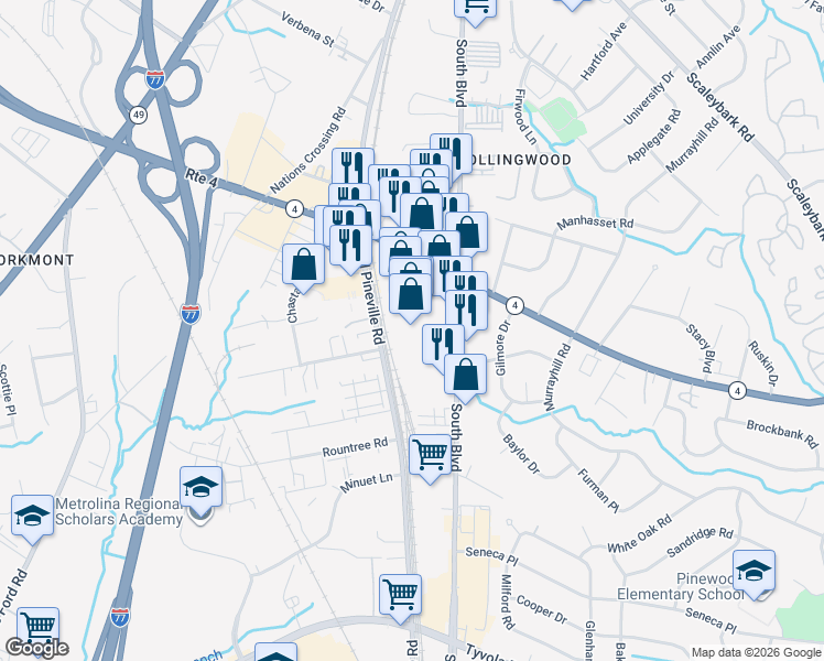 map of restaurants, bars, coffee shops, grocery stores, and more near 4744 South Boulevard in Charlotte