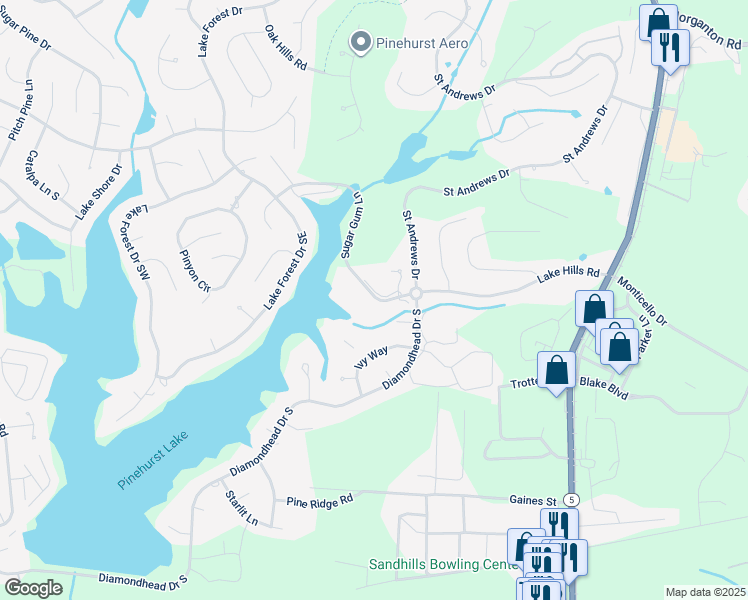 map of restaurants, bars, coffee shops, grocery stores, and more near 250 Sugar Gum Lane in Pinehurst