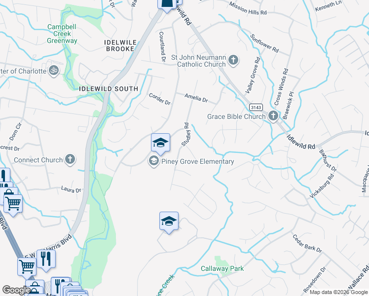 map of restaurants, bars, coffee shops, grocery stores, and more near 2728 Studley Road in Charlotte
