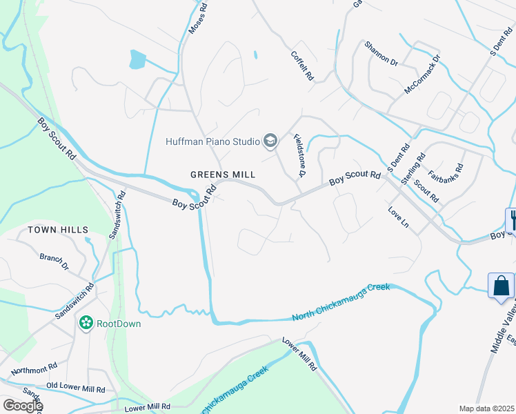map of restaurants, bars, coffee shops, grocery stores, and more near 1011 Woodfern Trail in Middle Valley