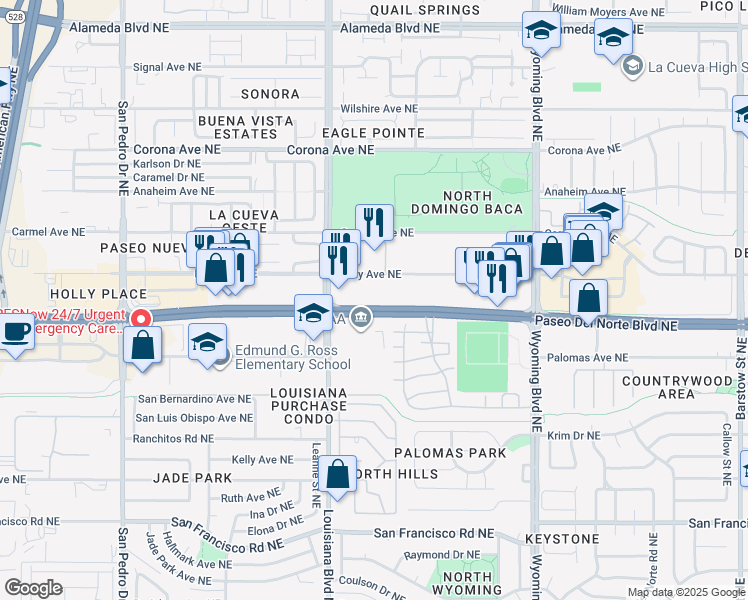 map of restaurants, bars, coffee shops, grocery stores, and more near 8140 Louisiana Boulevard Northeast in Albuquerque