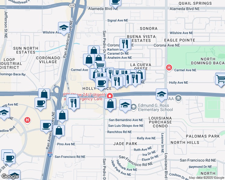 map of restaurants, bars, coffee shops, grocery stores, and more near 8100 San Pedro Drive Northeast in Albuquerque