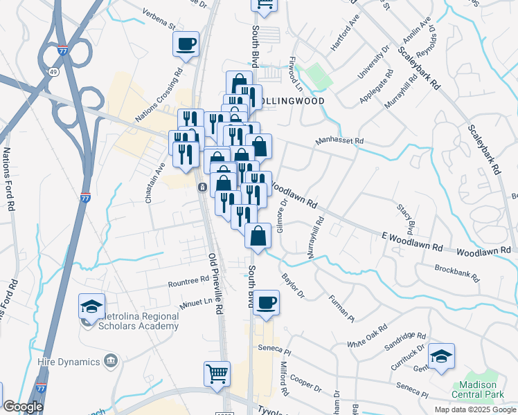 map of restaurants, bars, coffee shops, grocery stores, and more near 4739 South Blvd in Charlotte