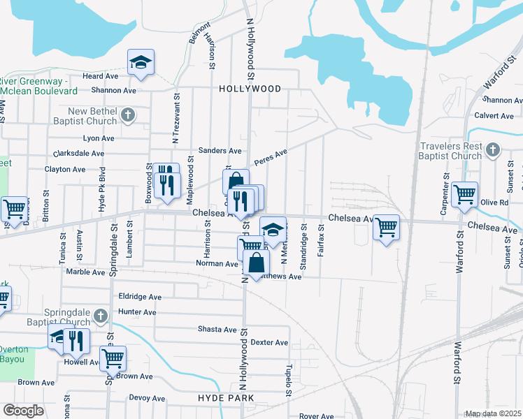 map of restaurants, bars, coffee shops, grocery stores, and more near 2474 Chelsea Avenue in Memphis