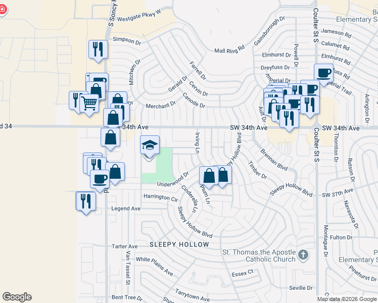 map of restaurants, bars, coffee shops, grocery stores, and more near 7709 Whippoorwill Lane in Amarillo