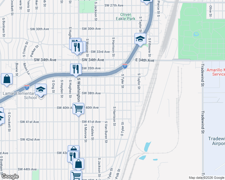 map of restaurants, bars, coffee shops, grocery stores, and more near 3706 South Harrison Street in Amarillo