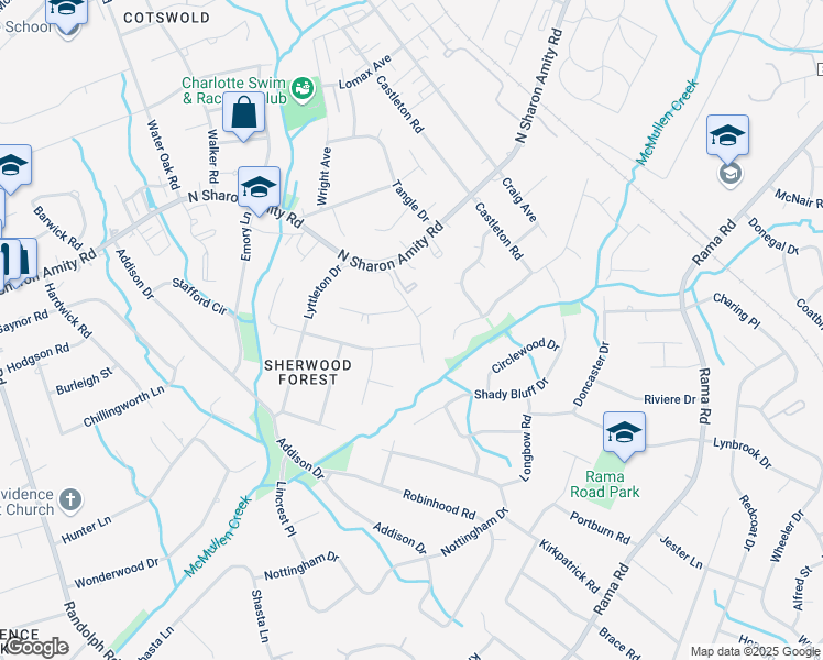 map of restaurants, bars, coffee shops, grocery stores, and more near 511 Briarpatch Lane in Charlotte