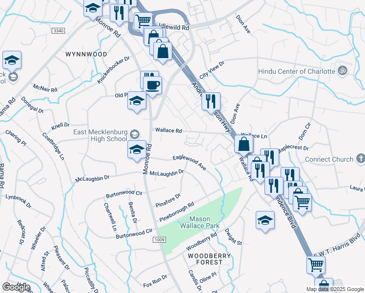map of restaurants, bars, coffee shops, grocery stores, and more near 7020 Wallace Road in Charlotte