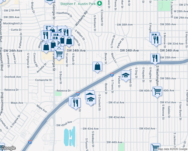 map of restaurants, bars, coffee shops, grocery stores, and more near 3517 Hawthorne Drive in Amarillo