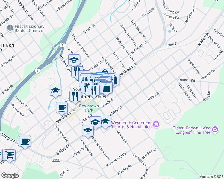map of restaurants, bars, coffee shops, grocery stores, and more near 130 East Connecticut Avenue in Southern Pines