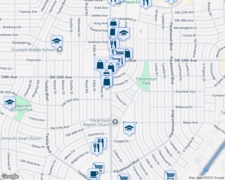 map of restaurants, bars, coffee shops, grocery stores, and more near 3526 Meadow Drive in Amarillo