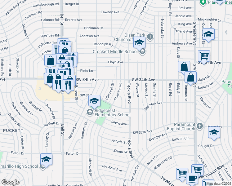 map of restaurants, bars, coffee shops, grocery stores, and more near 3412-3414 Kingston Road in Amarillo