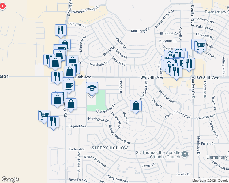 map of restaurants, bars, coffee shops, grocery stores, and more near 7709 Whippoorwill Lane in Amarillo