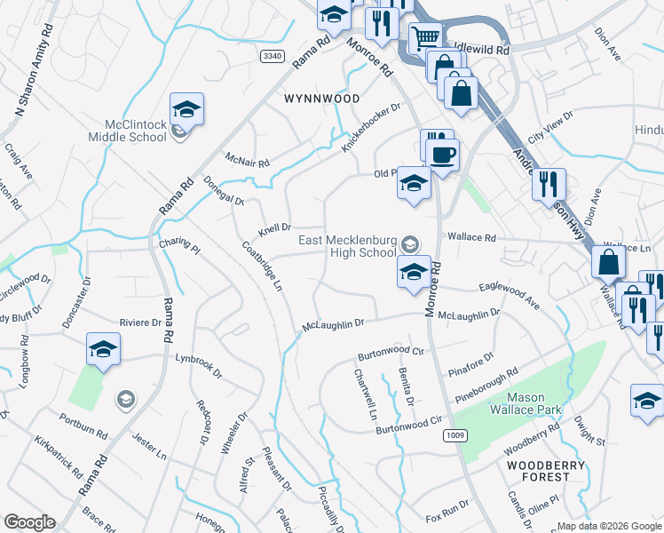 map of restaurants, bars, coffee shops, grocery stores, and more near 6815 Old Post Road in Charlotte