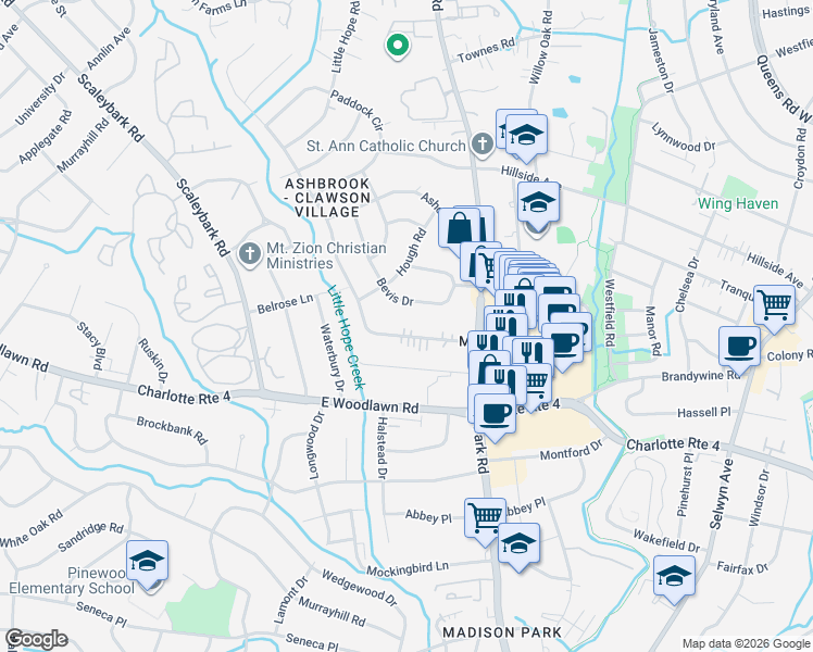 map of restaurants, bars, coffee shops, grocery stores, and more near 1301 Heather Lane in Charlotte