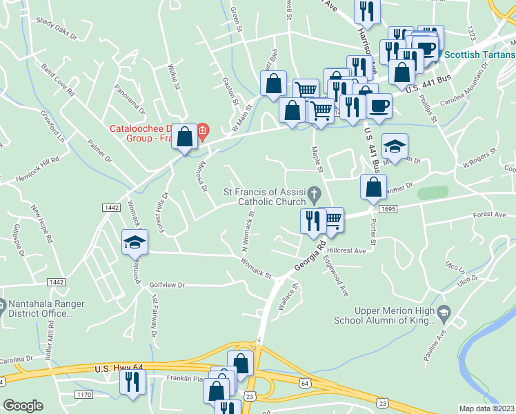 map of restaurants, bars, coffee shops, grocery stores, and more near 197 North Womack Street in Franklin