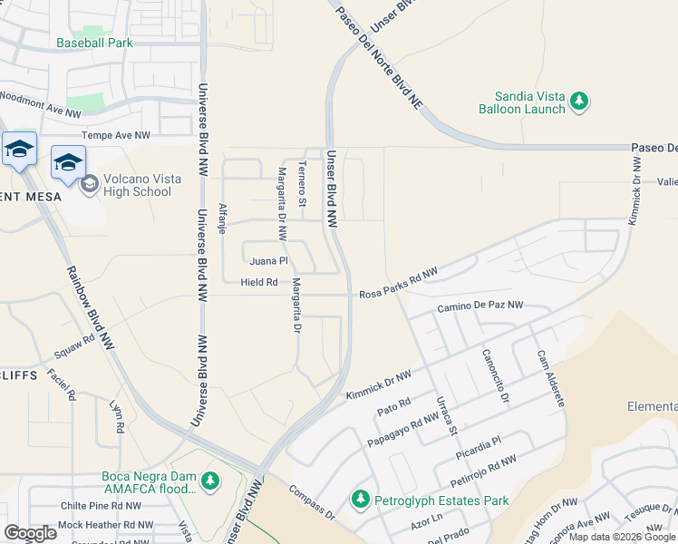 map of restaurants, bars, coffee shops, grocery stores, and more near Hielo Road in Albuquerque