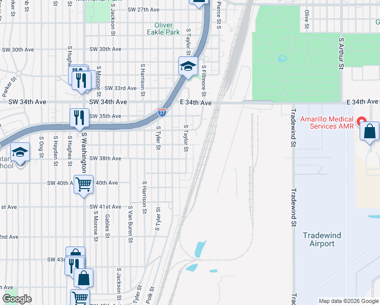 map of restaurants, bars, coffee shops, grocery stores, and more near 3707 South Taylor Street in Amarillo