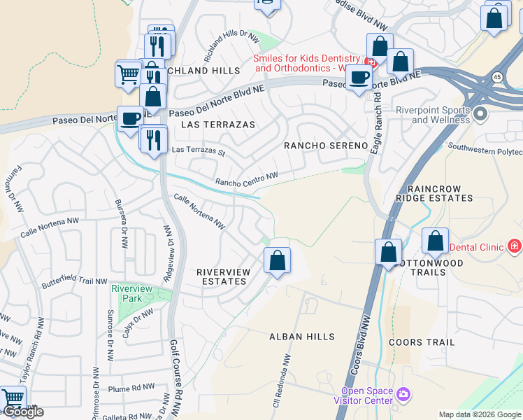 map of restaurants, bars, coffee shops, grocery stores, and more near 4119 Rancho Largo Road Northwest in Albuquerque