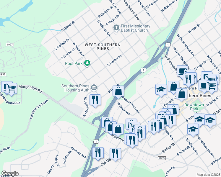 map of restaurants, bars, coffee shops, grocery stores, and more near 660 South Hale Street in Southern Pines