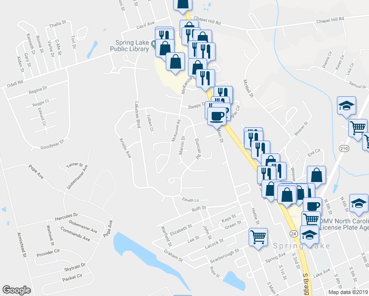 map of restaurants, bars, coffee shops, grocery stores, and more near 101 Angus Court in Spring Lake