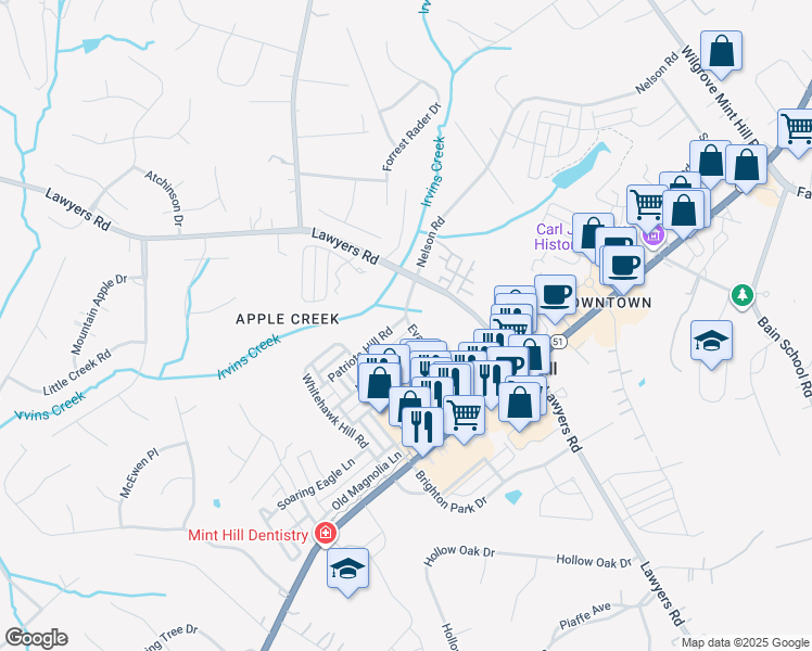 map of restaurants, bars, coffee shops, grocery stores, and more near 4431 Patriots Hill Road in Mint Hill