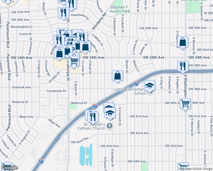 map of restaurants, bars, coffee shops, grocery stores, and more near 3515 South Milam Street in Amarillo