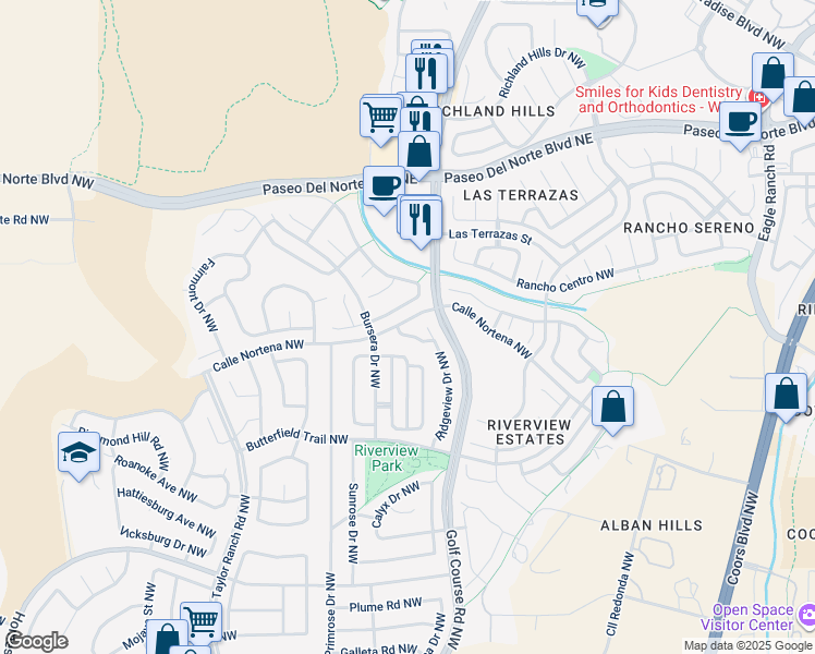 map of restaurants, bars, coffee shops, grocery stores, and more near 4424 Riverhill Drive Northwest in Albuquerque