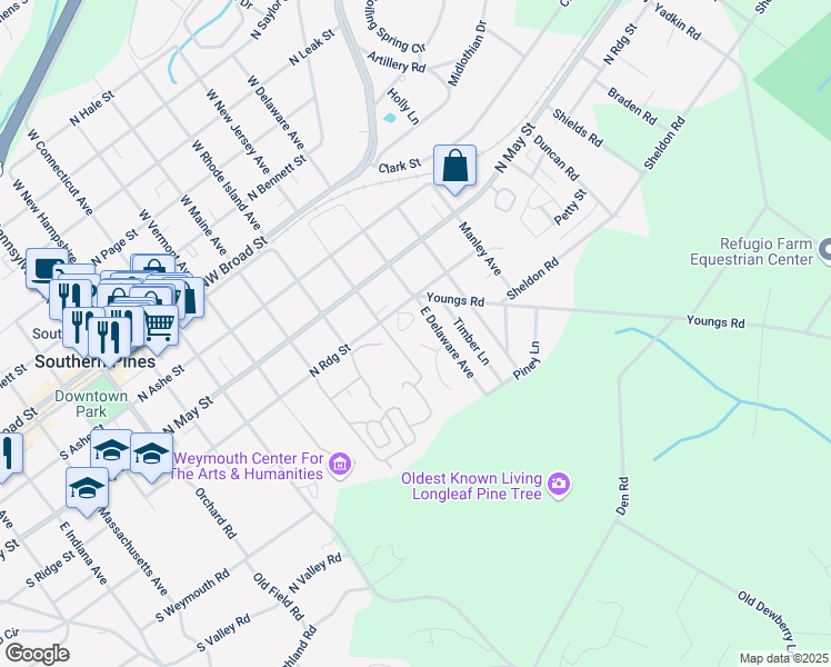 map of restaurants, bars, coffee shops, grocery stores, and more near 36 West Shibui Avenue in Southern Pines