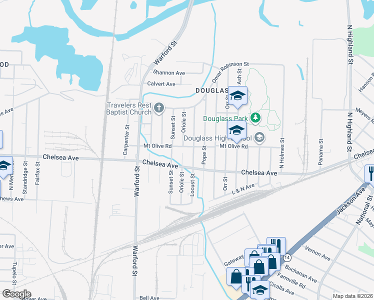 map of restaurants, bars, coffee shops, grocery stores, and more near 3067 Mount Olive Road in Memphis