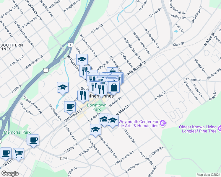 map of restaurants, bars, coffee shops, grocery stores, and more near 235 Northwest Broad Street in Southern Pines