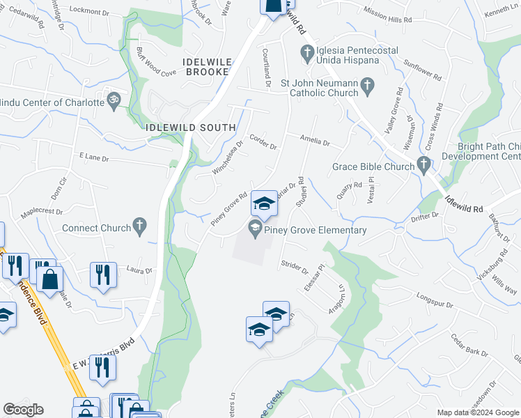 map of restaurants, bars, coffee shops, grocery stores, and more near 8631 Longbriar Drive in Charlotte