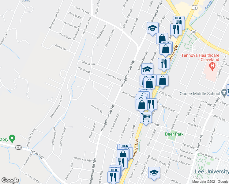 map of restaurants, bars, coffee shops, grocery stores, and more near 1713 Georgetown Road Northwest in Cleveland
