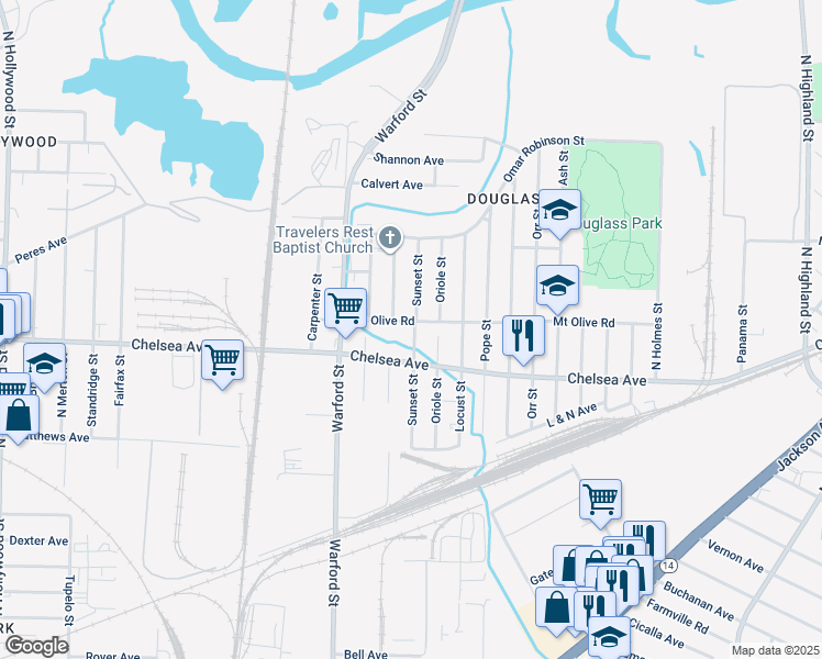map of restaurants, bars, coffee shops, grocery stores, and more near 3021 Mount Olive Road in Memphis