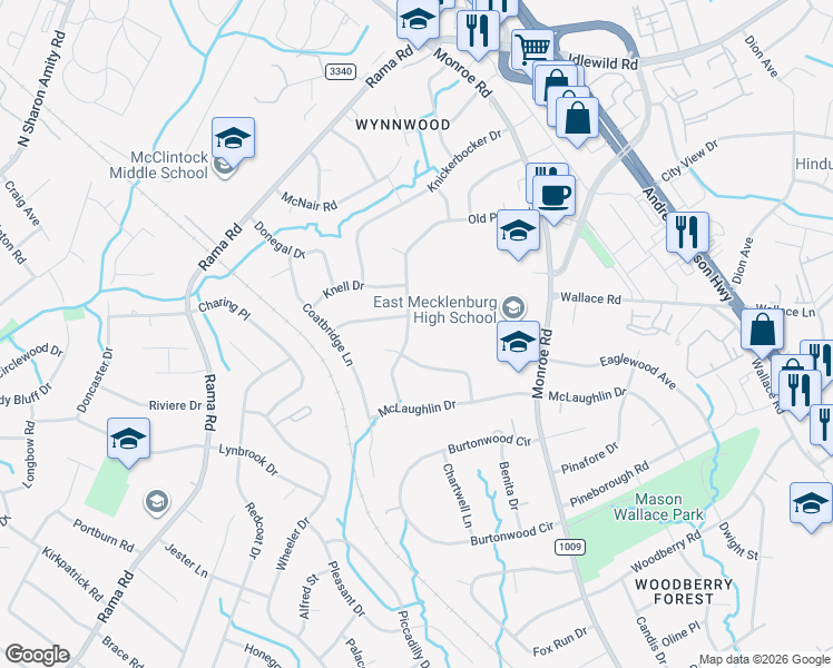 map of restaurants, bars, coffee shops, grocery stores, and more near 6815 Old Post Road in Charlotte