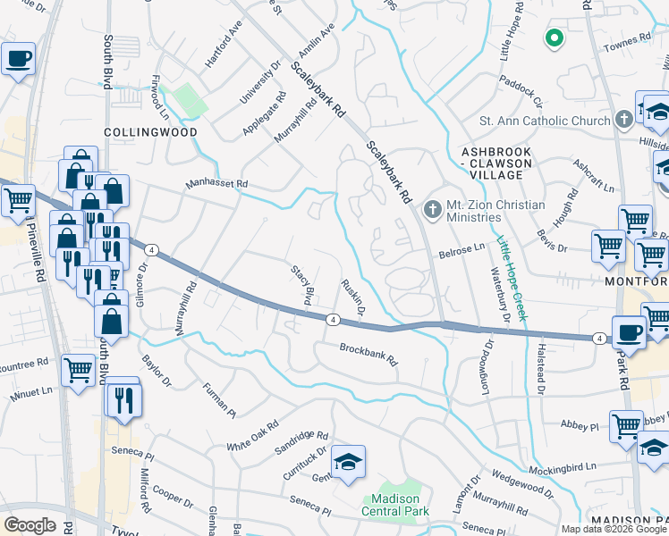 map of restaurants, bars, coffee shops, grocery stores, and more near 4222 Darwin Circle in Charlotte